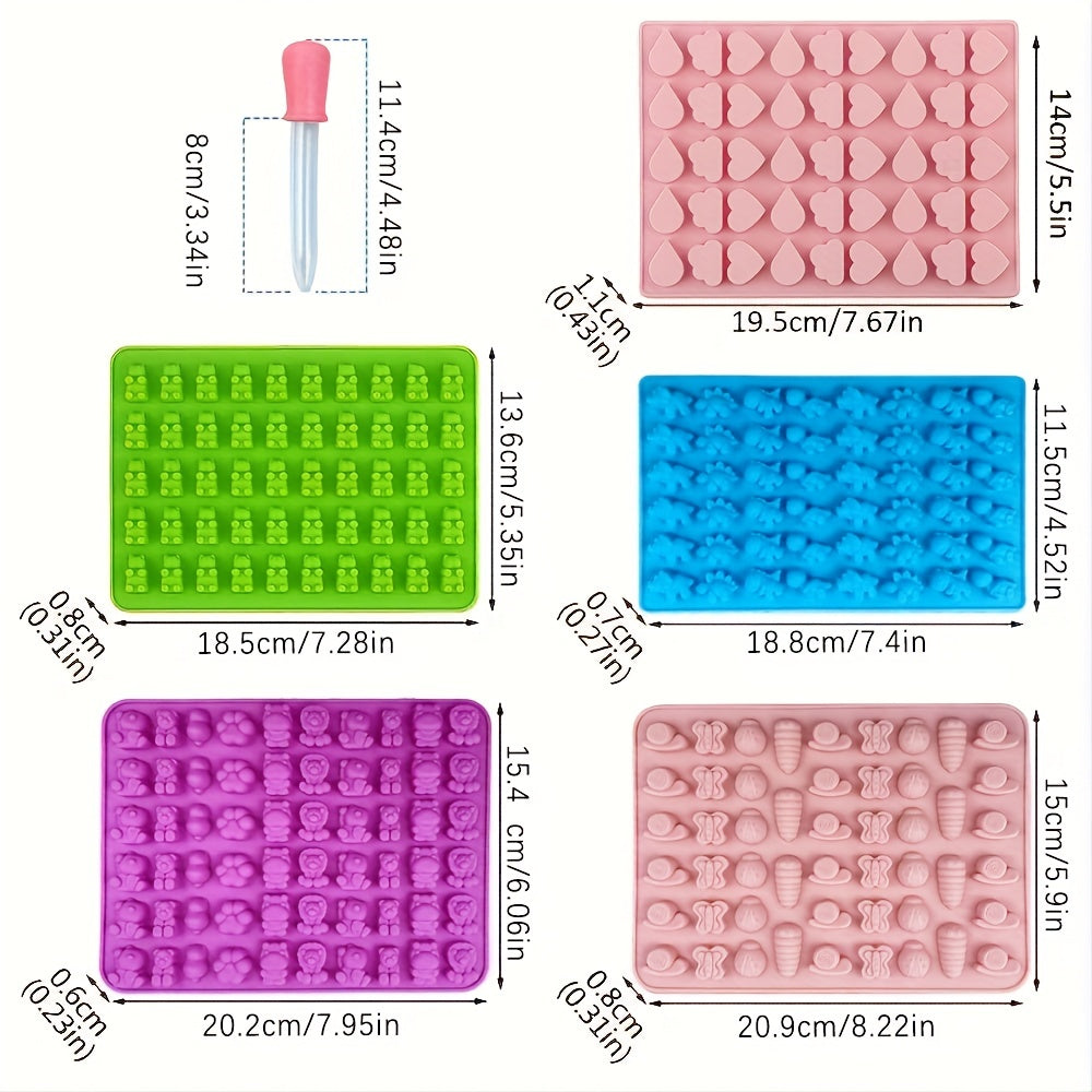 Set of 1 Gummy Bear Mold and 5 additional Candy Molds, made from BPA Free Silicone. Includes two droppers and designs such as bears, dinosaurs, animals, insects, and clouds. Ideal for making fondant, chocolate, and other candies.