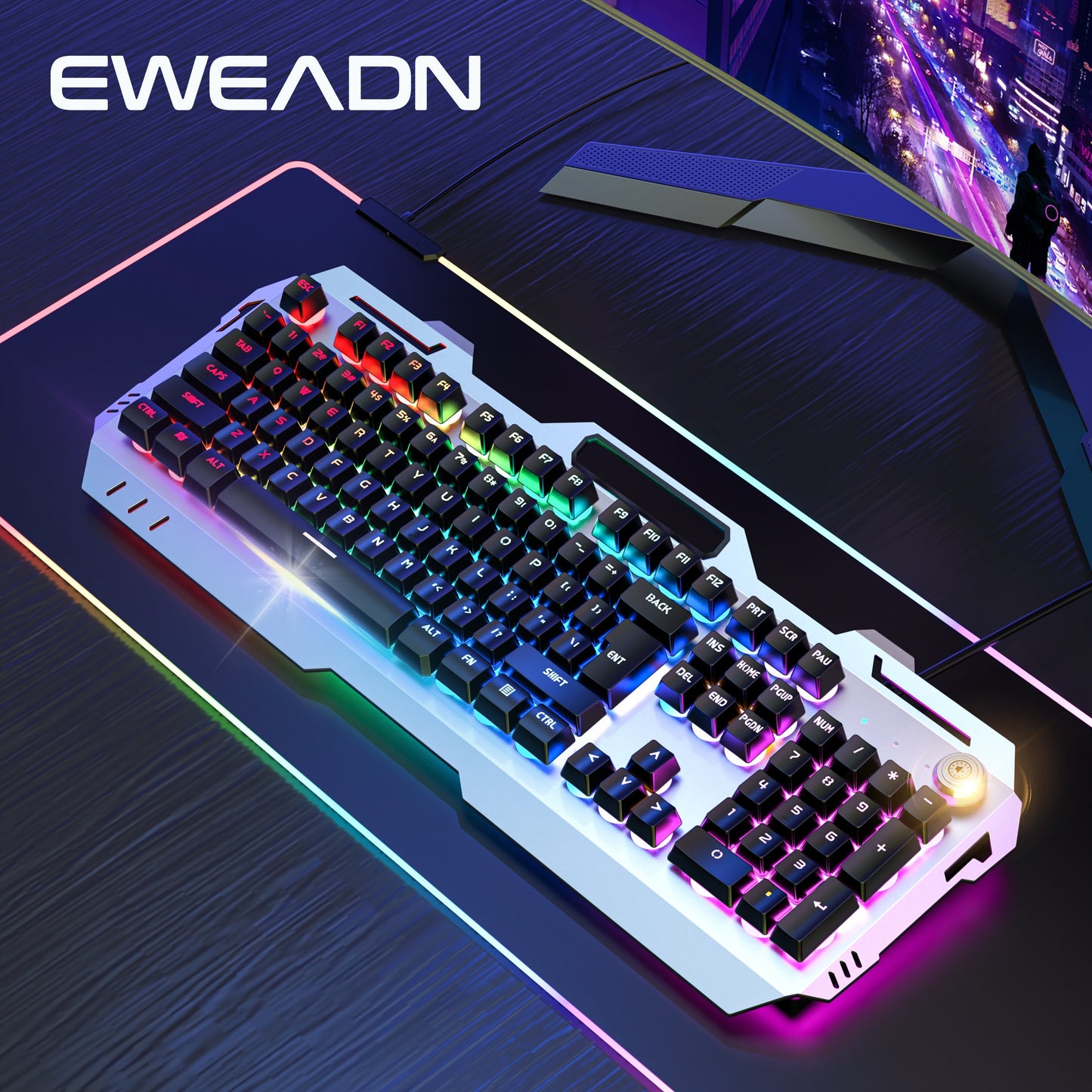 EWEADN Wired Gaming Keyboard with LED Backlit, Silent Design, and Volume Knob, suitable for Desktop & Notebook Computers.