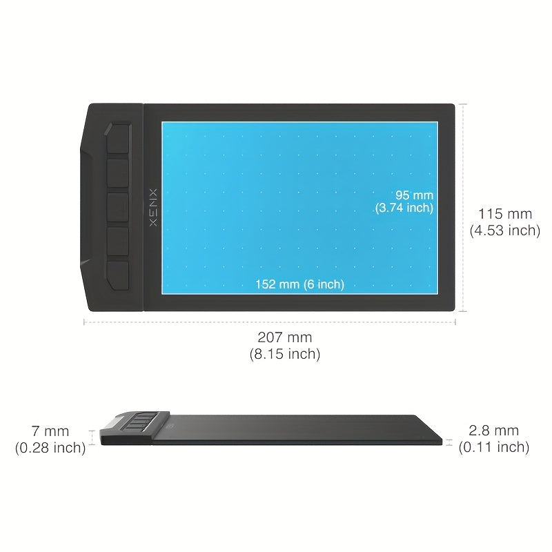 XENX Drawing Tablet features ABS material, 8192 pressure levels, 5080 LPI pen resolution, and 266 PPS reporting rate. It has 2 programmable buttons, no battery, and is compatible with both