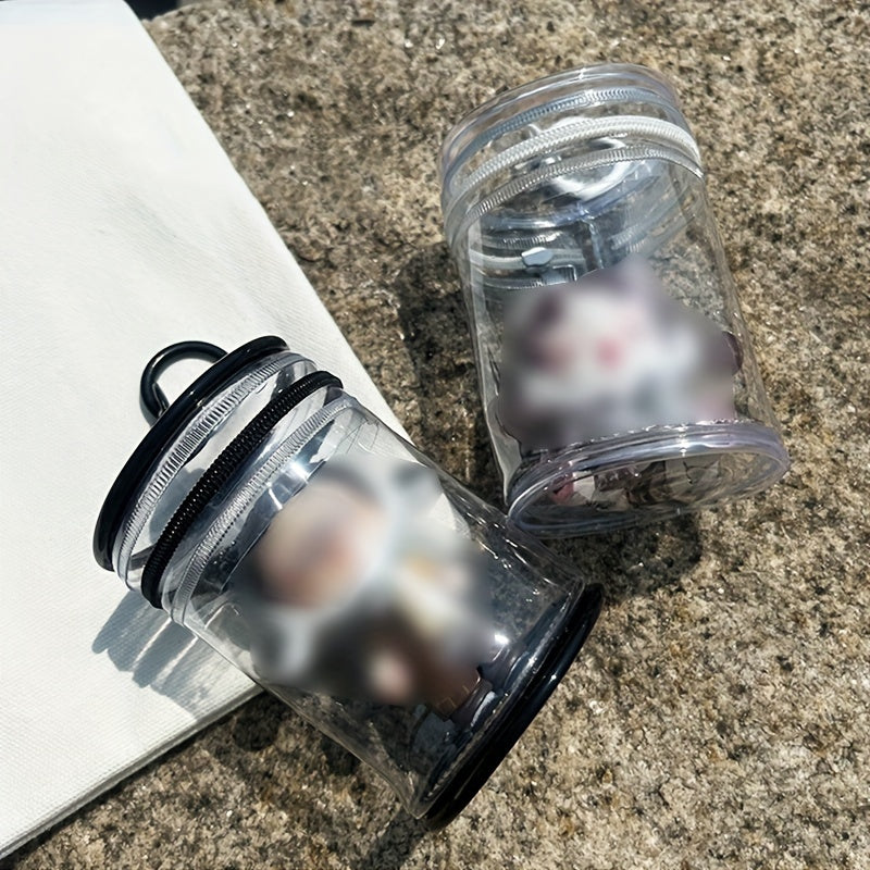 Transparent Walking Doll Display Storage Bag with Bubble Mart Mystery Box design, featuring a hanging decorative bag with a clasp closure.