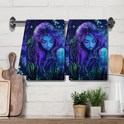 Set of 2 Ultra Soft Kitchen Towels featuring an Enchanting Siren Neon Blacklight Design. These towels are Highly Absorbent, Machine Washable, and measure 40.64x60.96 cm. Perfect for Coastal Decor and Holiday Celebrations. Great for use as Dish Hand