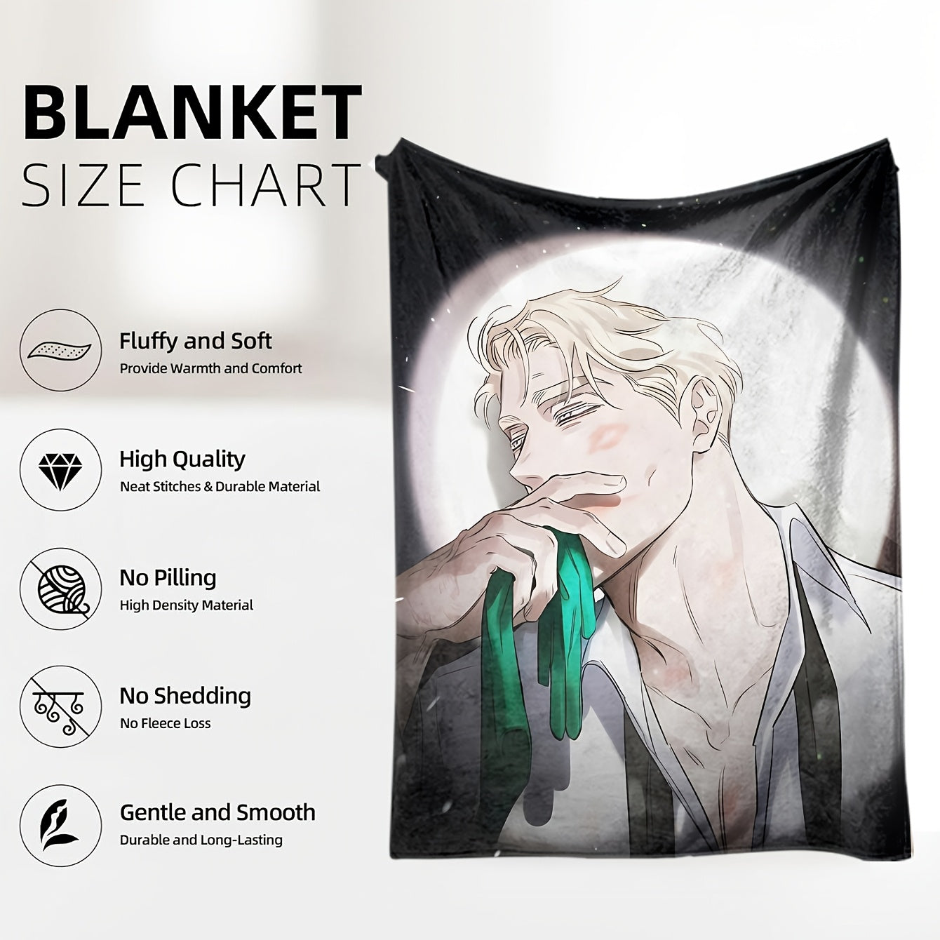 Ultra-soft flannel fleece blanket with a glamorous anime theme. Made from knitted polyester, this multipurpose throw is perfect for all seasons and can be used on the bed, sofa, living room, or game room. It is anti-allergy and features a digital print