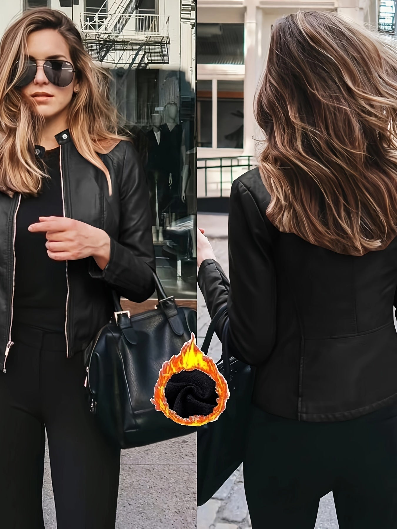 Stretch fleece-lined zip-up jacket for women, featuring elegant street style with round neck and long sleeves, perfect for fall/winter.