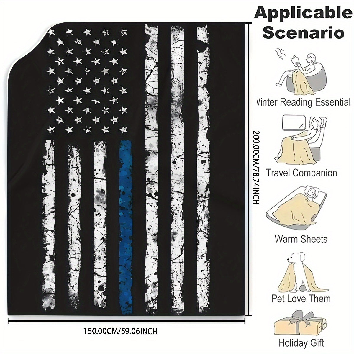 One Thin Blue Line American Flag Flannel Print Throw Blanket, Suitable for All Seasons, Easy to Clean in Washing Machine, Modern Design, Versatile Use, Made of Soft Fabric, Weighing 200-250g, Ideal for Bedroom, Living Room, or Sofa, Great Gift Option.