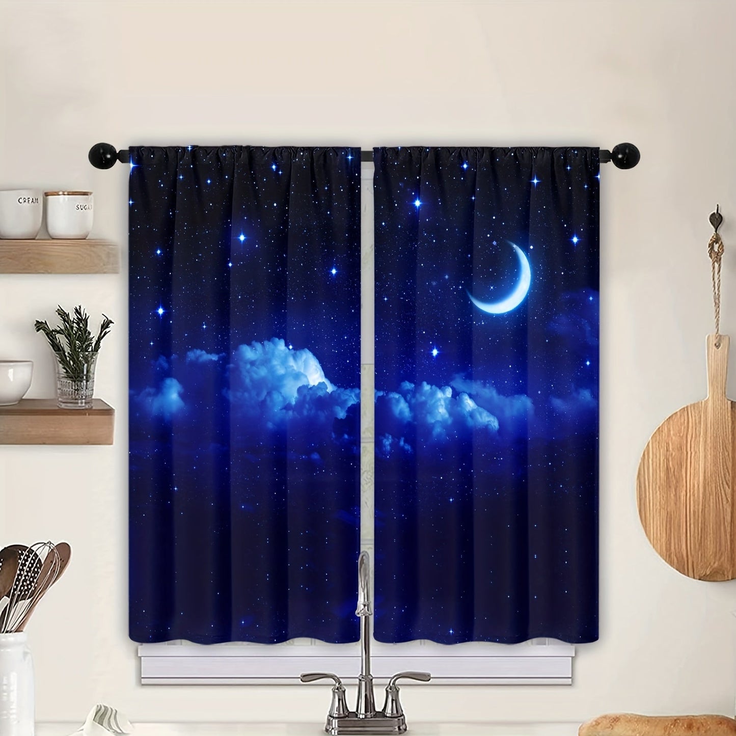 Two pieces of Galaxy-themed window curtains with a starry sky design. These rod pocket drapes are suitable for use in any room, including the kitchen, study, bedroom, living room, and playroom. They are made of soft and stylish fabric for a beautiful