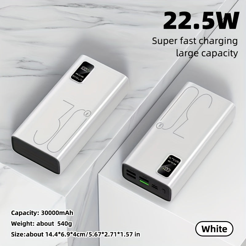 Portable power bank with 30000mAh capacity, 22.5W fast charging, and 3 USB outputs.