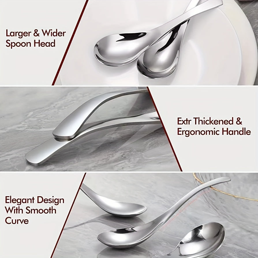 Set of 6 thick heavy-weight stainless steel soup spoons with classic and concise design. Dishwasher safe. Perfect for teacher, Christmas, Halloween, autumn harvest, Thanksgiving, or wedding.