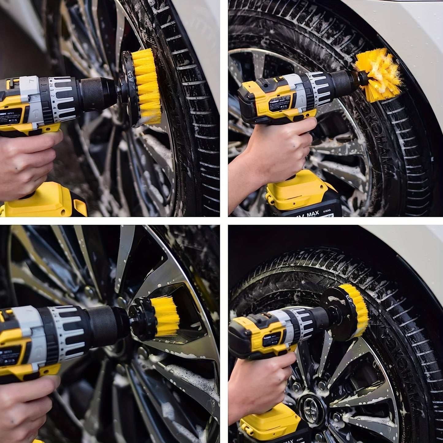 Set of 45 pieces, includes a Drill Brush Set with attachments for multipurpose power cleaning. Features a scrub brush and sponge suitable for grout, bathroom, tub, tile, corners, car wheels, and hard-to-reach areas. Drill not included. Perfect for all