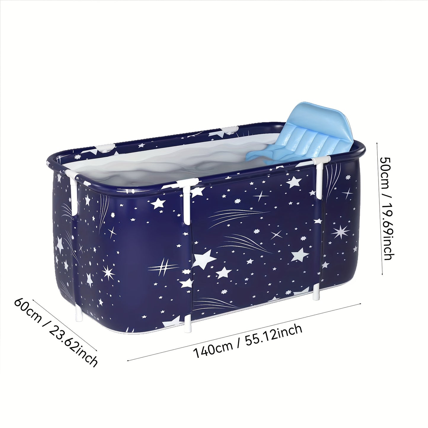 Adults' foldable freestanding bathtub for two, made of thick PVC in blue and white marble pattern with "GOOD LUCK BATHHUB" design, easy to use without installation.