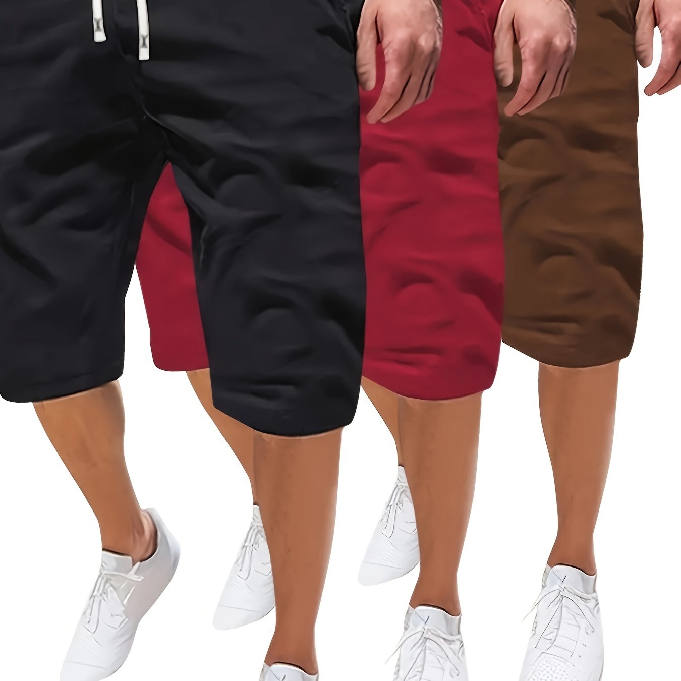 3 Plus Size Men's Casual Shorts with drawstring waist and pockets. Made of breathable polyester, machine washable.