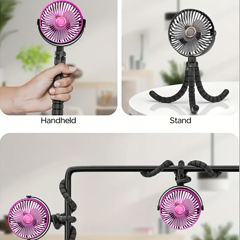 The YAIAWISU Portable Stroller Fan in Sleek Pink Octopus Design is a USB Rechargeable fan with a 2000mAh Lithium Battery. Perfect for Travel & Outdoor Use, it comes with an Adjustable Stand & Wearable Strap for convenience.