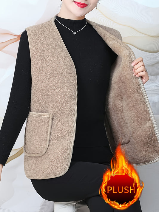 Casual V-Neck vest for plus size women, made of 100% polyester knit fabric. Solid color, sleeveless, regular length with plush lining for winter warmth.