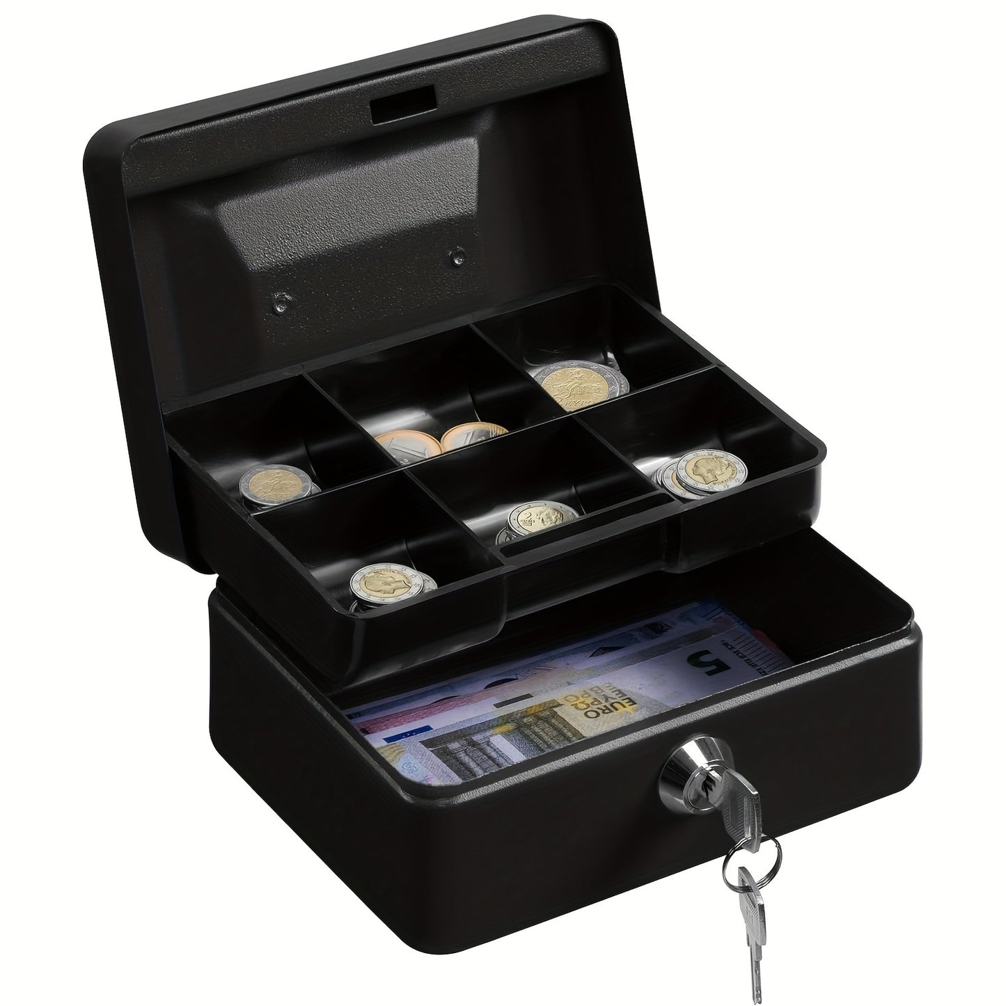 Waterproof 6-inch glossy black cash box with small iron key lock, measuring 15 * 12 * 9 cm and including a money tray for security.