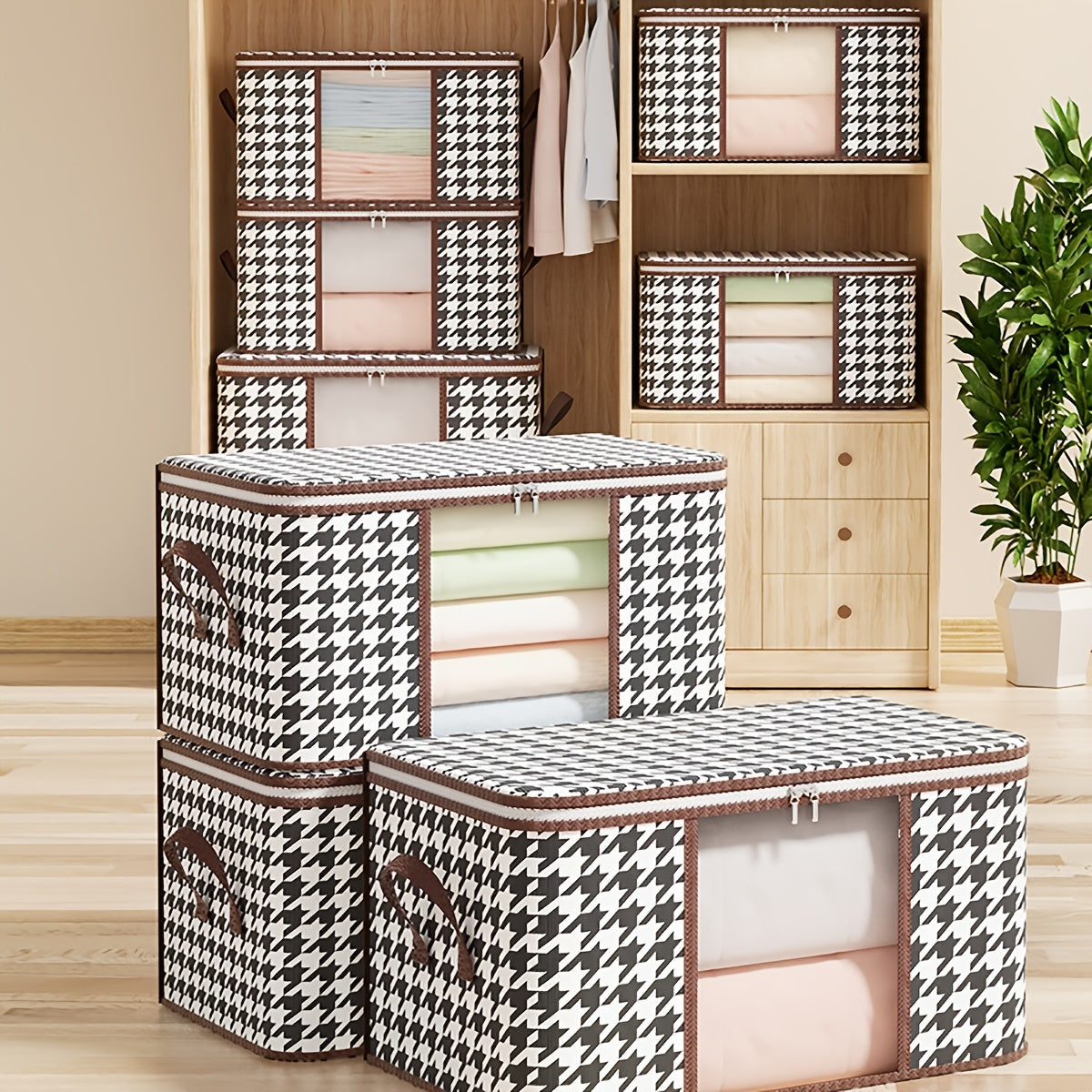 The Houndstooth Pattern Clothes Storage Bag with Transparent Window is a versatile and stylish option for organizing your wardrobe. Made of non-woven material, this quilt clothes organizer bag is dustproof and foldable for easy storage. It makes a