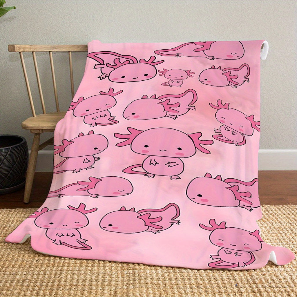 Soft, warm, and lightweight pink cartoon salamander print fleece blanket made of comfortable polyester flannel. Ideal for travel and versatile for all seasons, this contemporary style blanket is the perfect gift for boys, girls, and adults. Machine