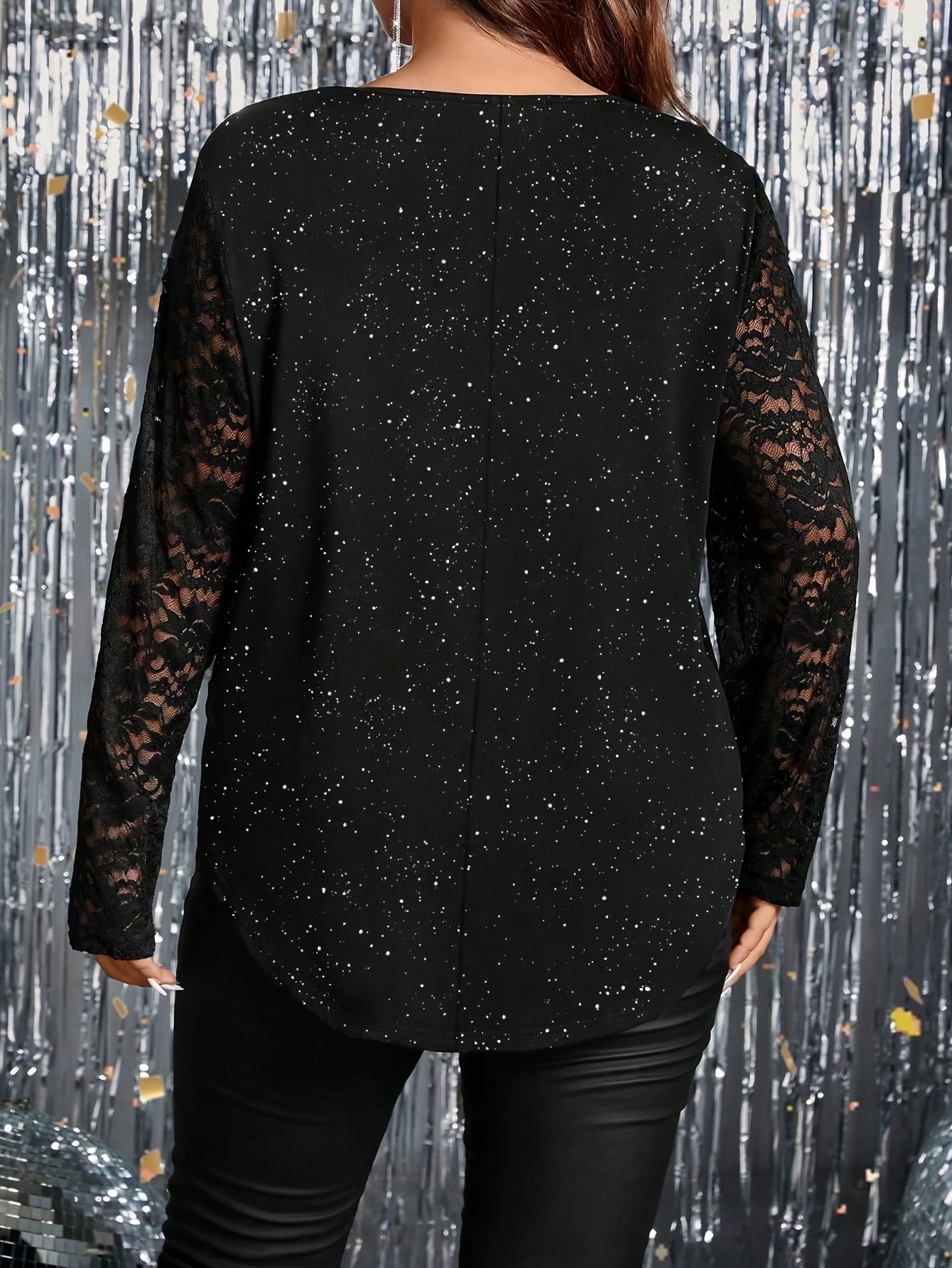 Elegant black lace V-neck top with glitter dots, perfect for events or parties. Semi-sheer and stretchy with long sleeves, ideal for spring, summer, and fall. Comfortable and sparkly casual