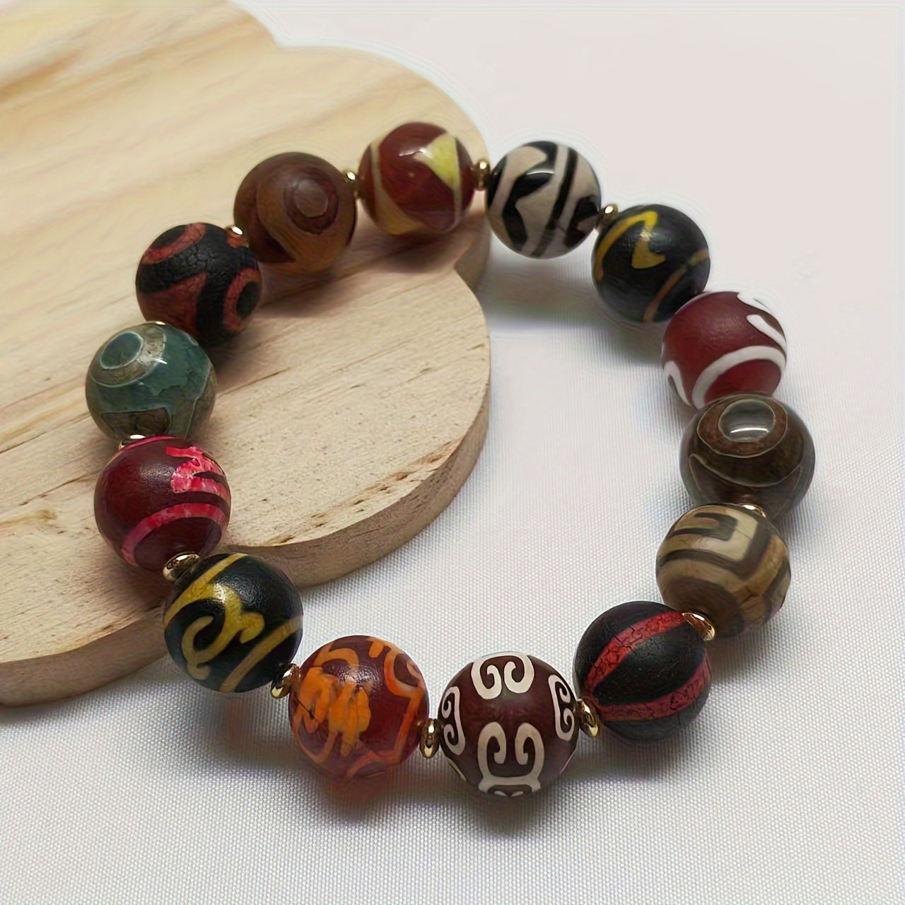 Unisex Stretch Gemstone Bracelet with Tibetan Dzi Beads in Traditional Tribal Chinese Style, Designed for Good Fortune and Peace. A Versatile and Stylish Daily Accessory, Perfect for Men and Women, Makes a Great Gift for Any Occasion.