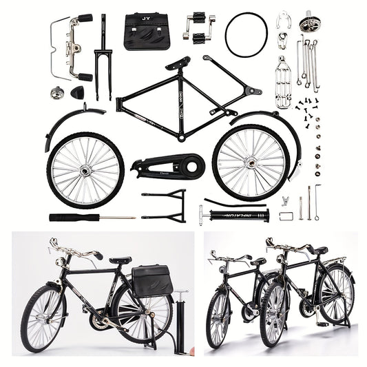 Vintage bicycle model kit includes 51 pieces in miniature scale with inflator and carrying case, made of aluminum alloy. Great for collectors, hobbyists, and as a gift or home office