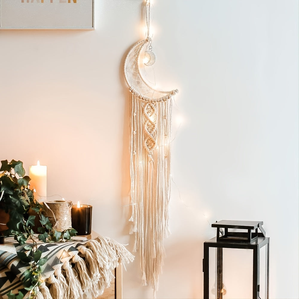 Get the perfect boho room decor with moon macrame wall pediments. Ideal gift for Christmas, Halloween, and Thanksgiving Day. Please note that strip lights are not included and need to be purchased separately.