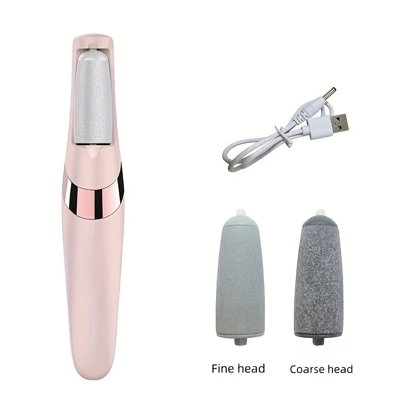 USB rechargeable electric foot pedicure tool in sleek white with golden accents. Features dual roller heads for smooth feet, portable dead skin and callus remover. Includes 500mAh lithium