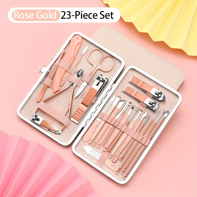 Pink nail tool set for girls, includes various tools for nail care and grooming.