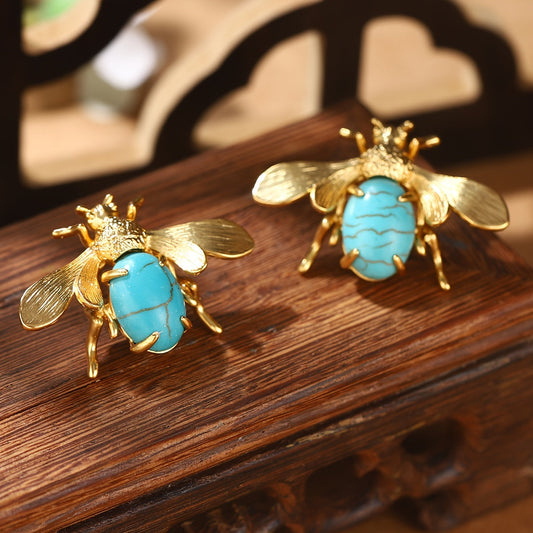 Elegant Turquoise Bee Stud Earrings with 18K Gold Plated Copper & 925 Silvery Posts - Vintage Inspired Women's Fashion Accessory, Ideal for Casual Wear or as a Thoughtful Gift