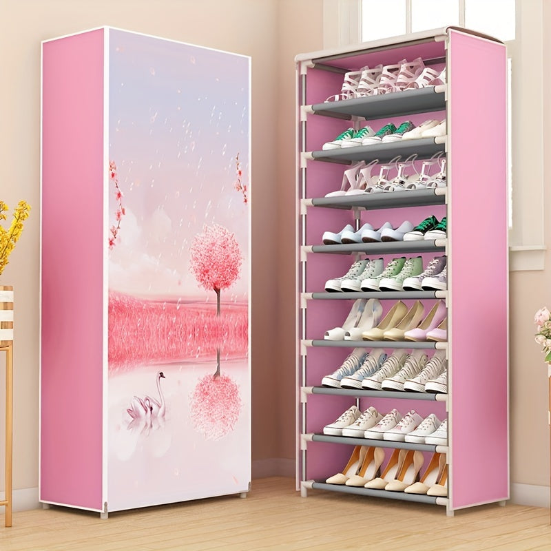 Stylish and durable shoe cabinet with dust cover, featuring a fabric cover with zipper. This shoe rack is perfect for hallways, closets, and garages. The free-standing metal shoe storage rack comes in various patterns.