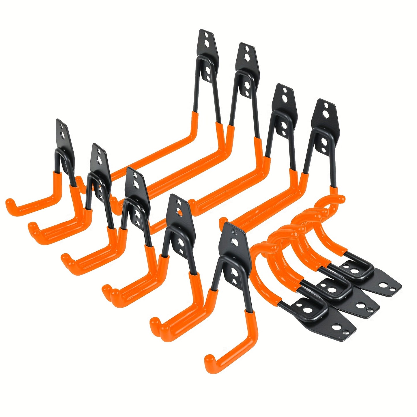 12 heavy-duty steel garage hooks for organizing power tools, ladders, bikes, and more equipment. Ideal for garage organization and storage.