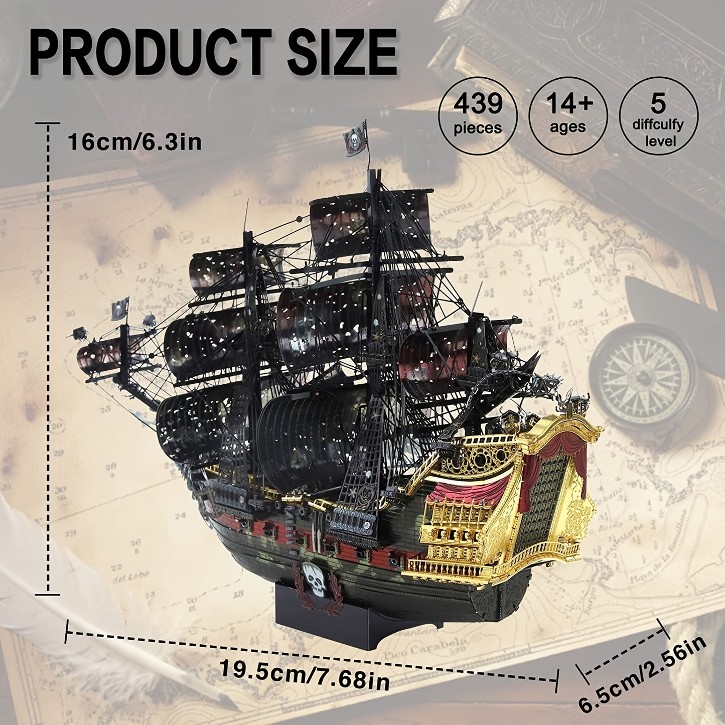 Piececool Metal 3D Puzzles for Adults, Flying Dutchman Pirate Ship Model Kit, DIY craft kit for family time, ideal birthday gift.