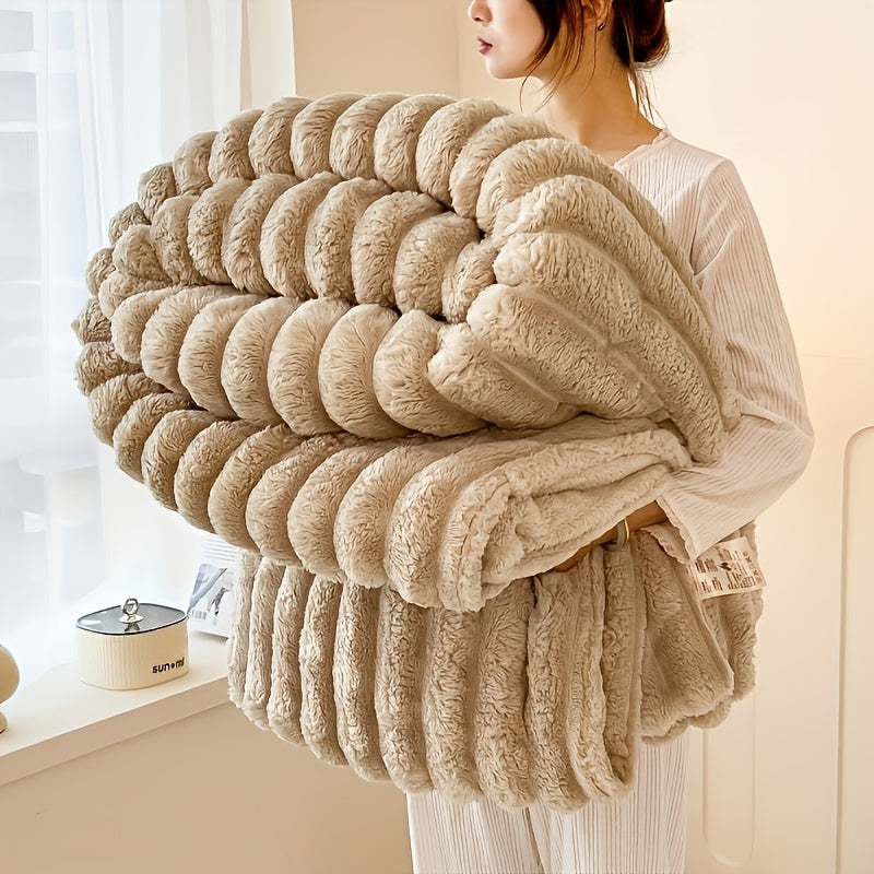 Stay cozy and stylish with our luxurious 1pc Contemporary Champagne Plush Double-Layer Throw Blanket. Made of 100% polyester and weighing 250-300gsm, this blanket is perfect for all seasons. It is machine washable and incredibly soft and warm, making it