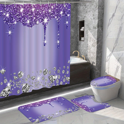 4-piece bathroom set with diamond-pattern shower curtain, 12 hooks, non-slip rugs, toilet cover mat, and partition for room decor.