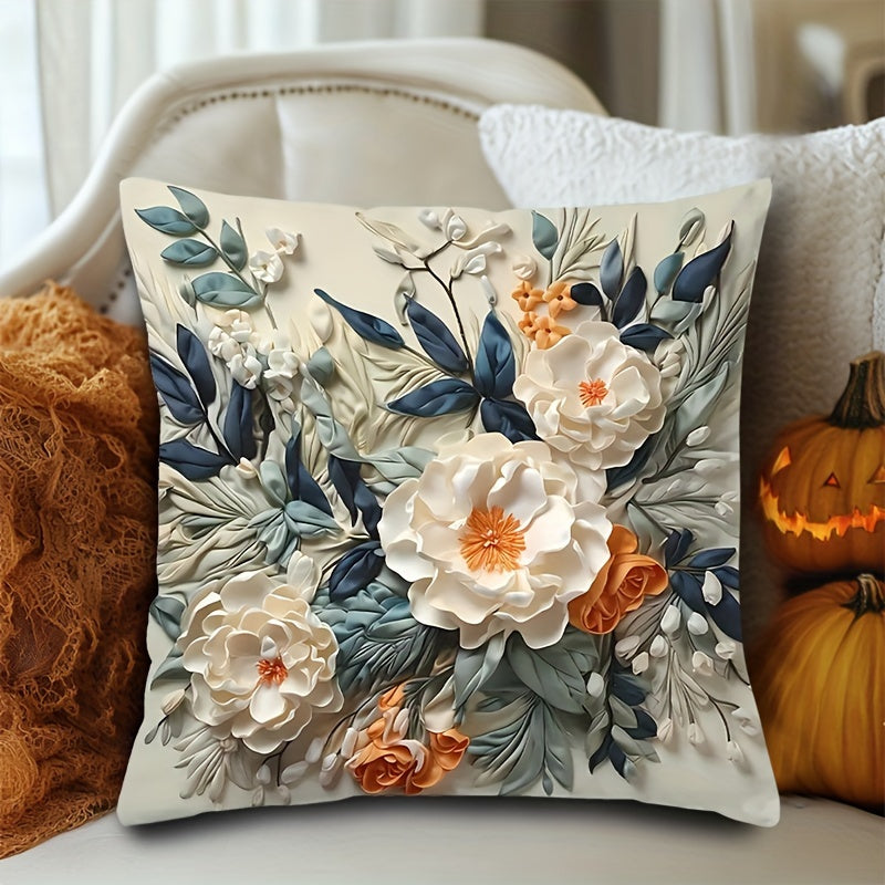 A reversible 3D floral cushion cover with soft, double-sided printed fabric. Machine washable with zip closure. Fits various room styles. 44.96x44.96 cm, pillow not included.