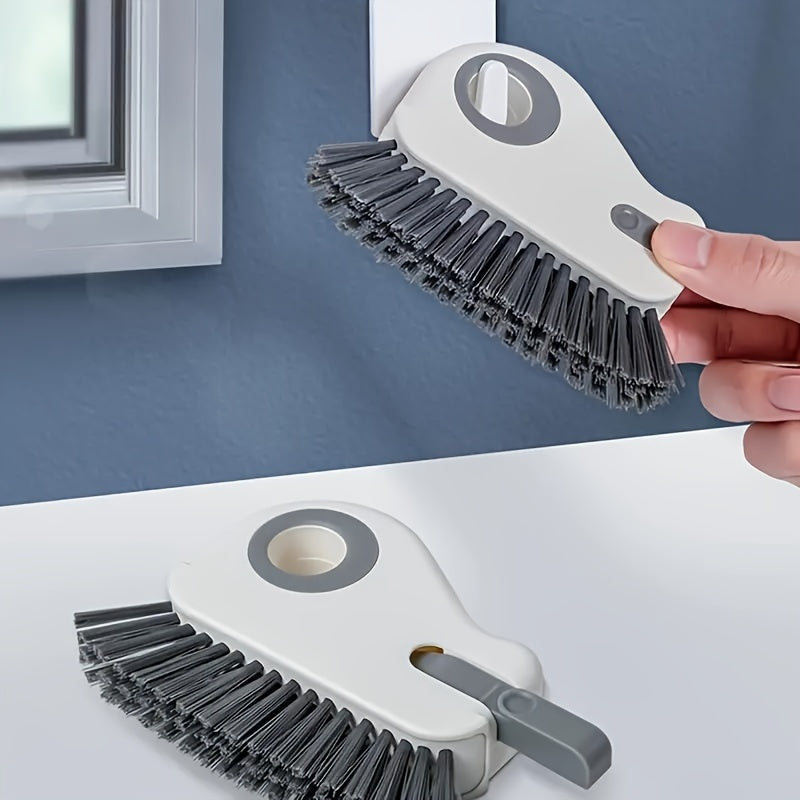 Soft bristle 2-in-1 brush for window tracks and grout cleaning, perfect for sliding door tracks, sills, and seals. This reusable manual household cleaning tool is made of durable plastic and requires no electricity. Ideal for use in the living room and