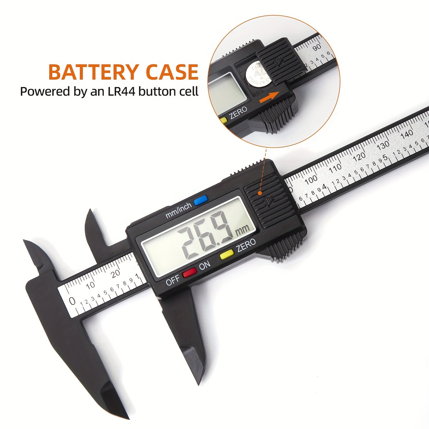 Digital caliper with LCD screen, auto-off feature, inch and millimeter conversion.