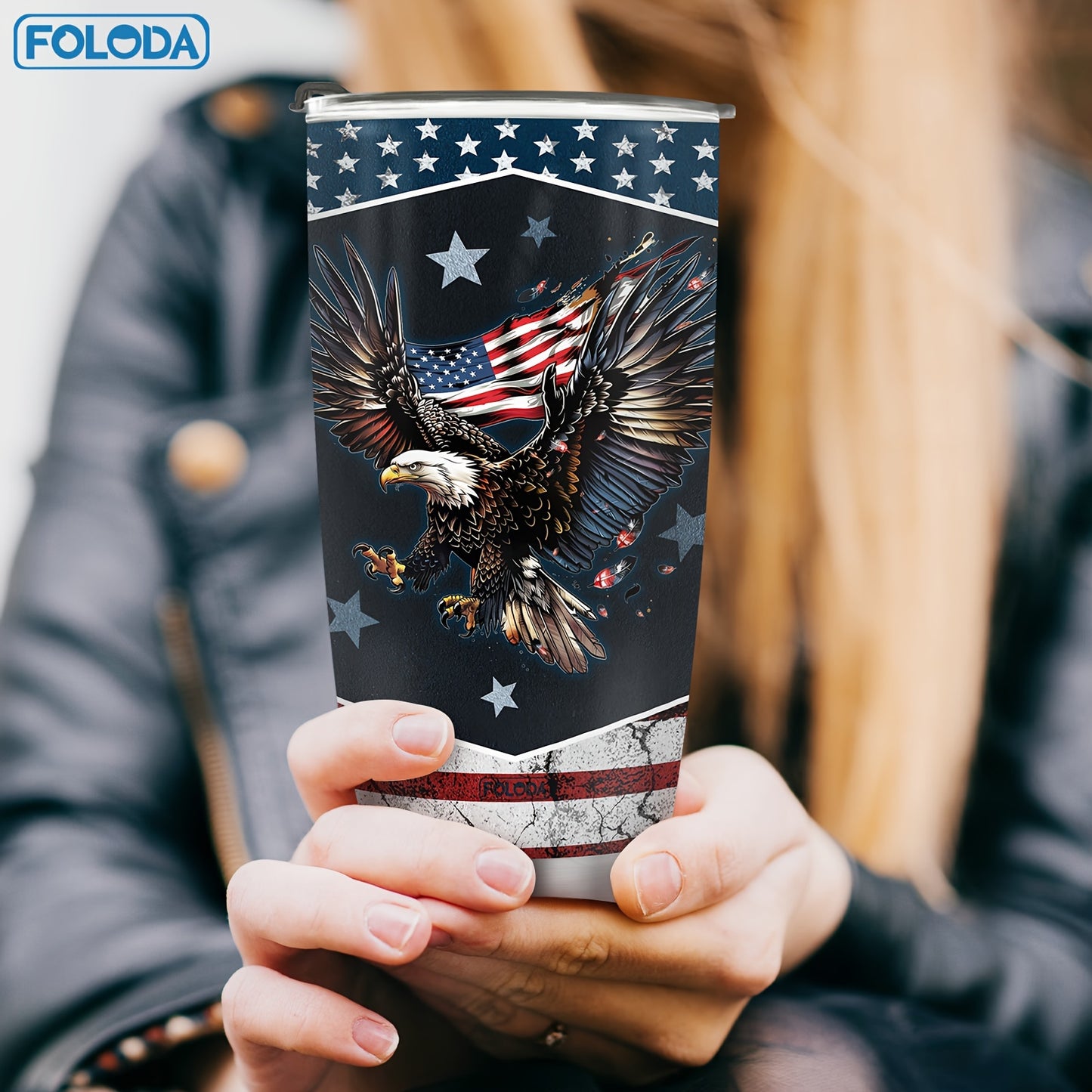 Foloda American Flag Eagle Tumbler 20oz with Sliding Lid - Hand Wash Only, Oval Shape, Ideal for Running & Outdoor Sports - Great Gift for Holidays.