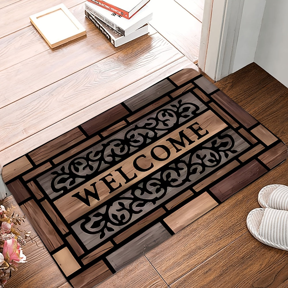 Inviting Entryway: Wood-Texture Door Mat with Anti-Slip Backing, Long-Lasting Polyester Material, Resistant to Stains - Perfect for Home Decor and Welcoming Guests