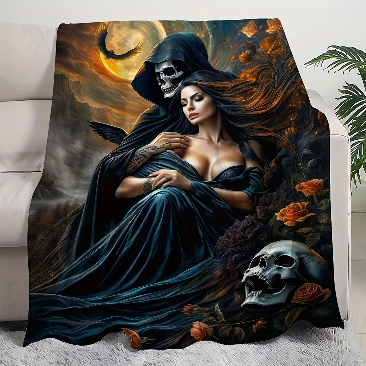 Stay cozy and stylish with our Glam Style Reversible Knitted Polyester Throw Blanket featuring a fantasy theme print. This all-season blanket showcases a Devil and Beauty embrace design accented with moonlight and roses embellishments. Made from soft