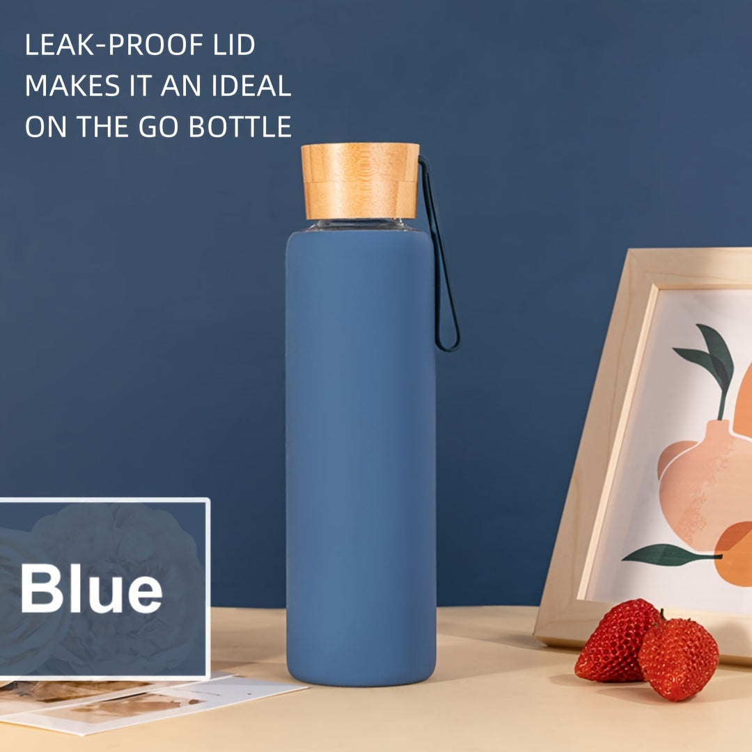 Silicone sleeve glass water bottle with strap, dishwasher safe.