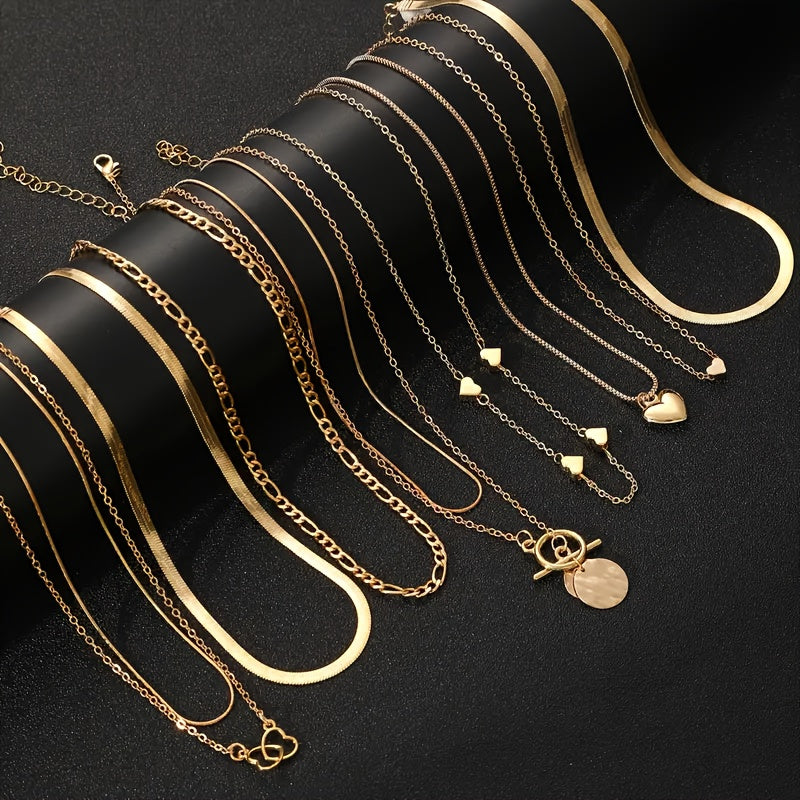 Set of 10 Elegant Minimalist Punk Style Layered Flat Snake Chain Necklaces with Fashionable Heart Pendants for Women. Multi-Layered Stackable Jewelry Set, Perfect for Daily Wear or Parties. Versatile and Stylish Accessory, Ideal for Hip-Hop Streetwear