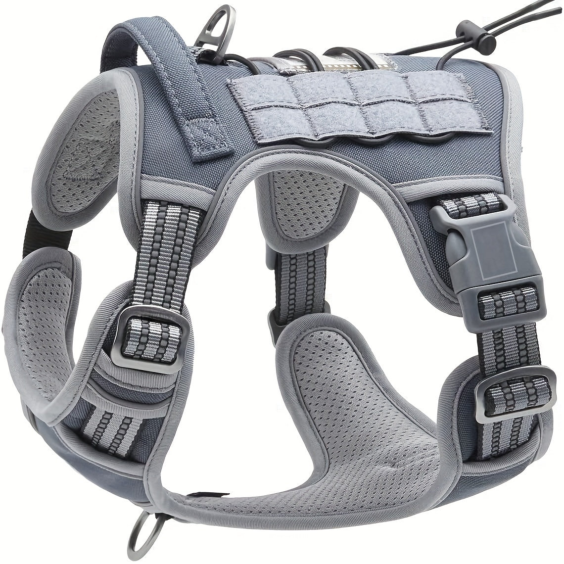 Reflective chest strap for medium to large dogs with adjustable vest and handle, suitable for bulldogs. Does not include battery.