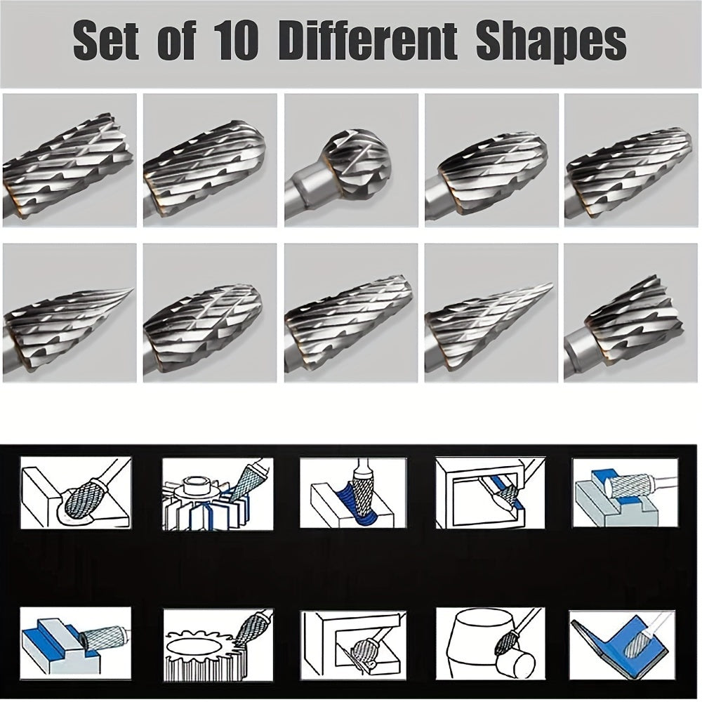 10-piece set of high-performance tungsten carbide rotary burrs with 1/8" shank for precise grinding and carving. Double cut for efficiency.