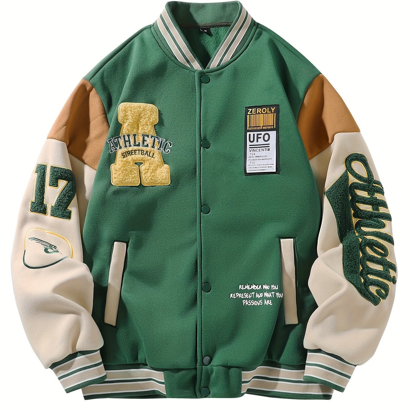 Men's casual varsity jacket with letter embroidery, made of knit polyester and machine washable. Features a baseball collar, long sleeves, and ideal for fall and winter wear.