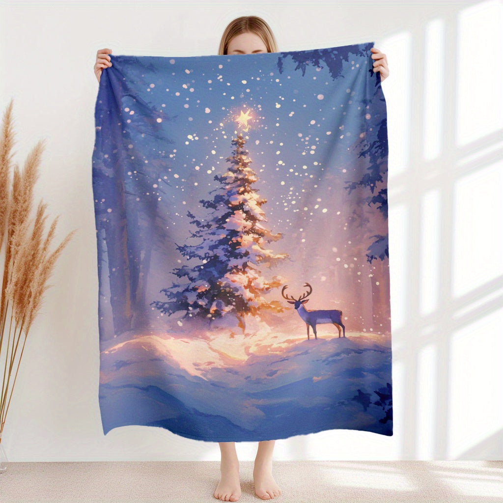 Contemporary Style Soft Flannel Fleece Blanket with Christmas Tree and Deer Design - 1 Piece, 200-250g Fabric Weight, Digital Print, All-Season Use, Washable, Multi-Functional for Sofa, Home, Office, Camping, and Travel - Polyester Cover Included.