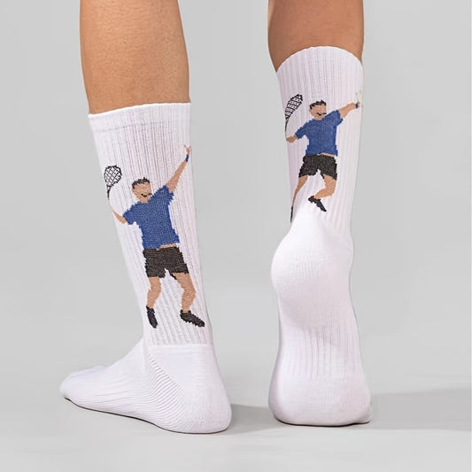 Men's tennis sports socks in cotton blend knit fabric with cartoon print. Suitable for football, tennis, fitness in all seasons. Unisex couple socks in European and Japanese style. Hand