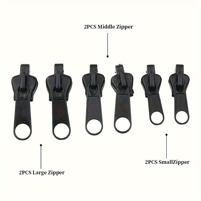 Universal Zipper Repair Kit with a contemporary polished metal finish fix zippers instantly on multiple clothing sizes without the need for batteries. Includes 6 pieces.