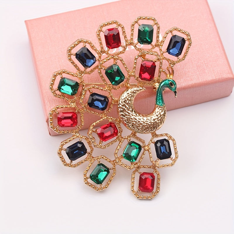 Vintage-inspired peacock enamel brooch pin adorned with sparkling rhinestones, exuding a unique French court style. This retro accessory, featuring an irregular shape, is a perfect addition to any woman's wardrobe.