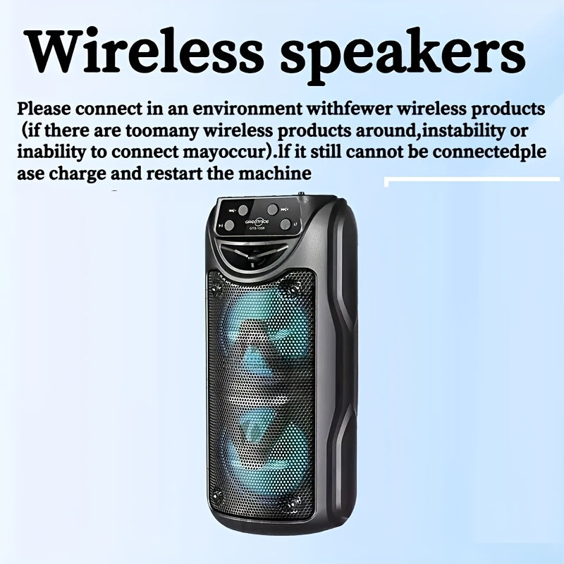 Loud, portable outdoor speakers with LED lights, large battery, and various connectivity options. Ideal for live music and home parties.