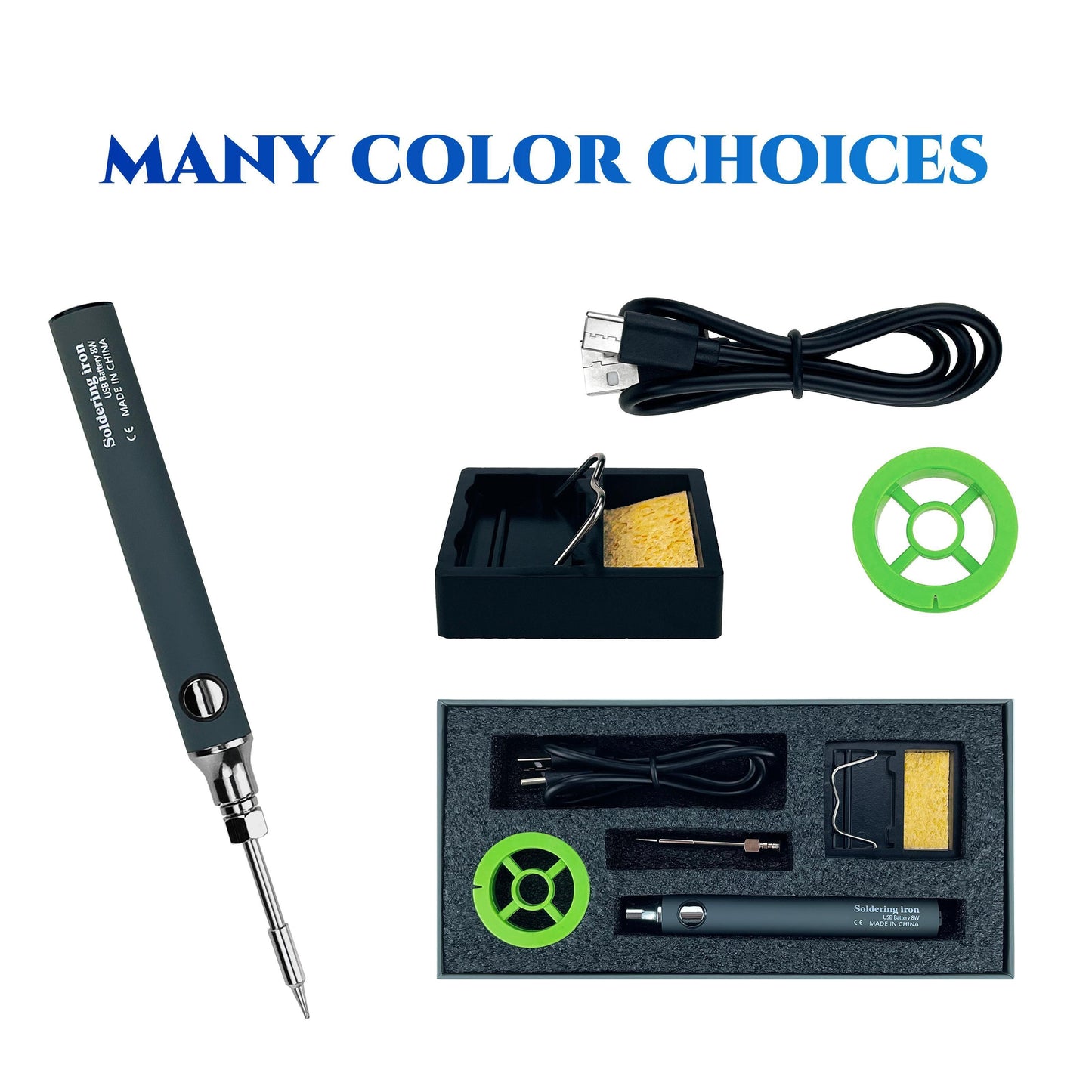 USB rechargeable soldering iron set with high heating rate and easy operation, suitable for DIY repairs at home or outdoors with nichrome heating element.