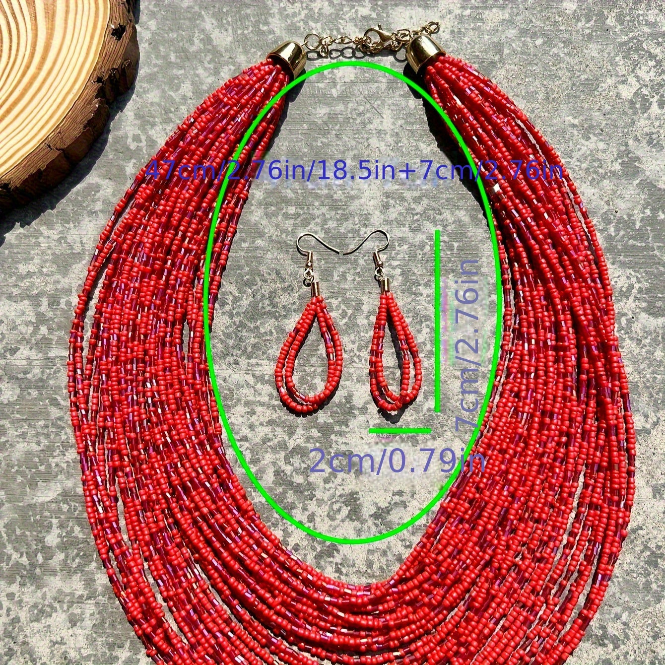 Set of Bohemian Ethnic Style Multi-layered Red Rice Bead Glass Tube Necklace and Earrings, Perfect for Daily Parties - Women's Accessories