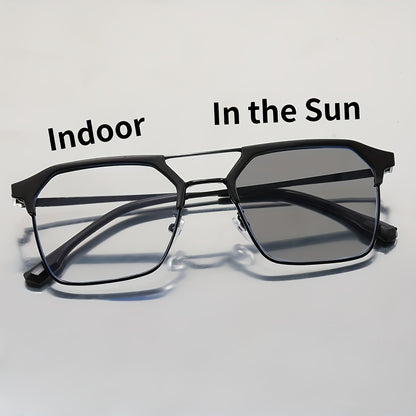 Unisex photochromic glasses with iron alloy frame and AC lens for travel, mobile, and computer use.